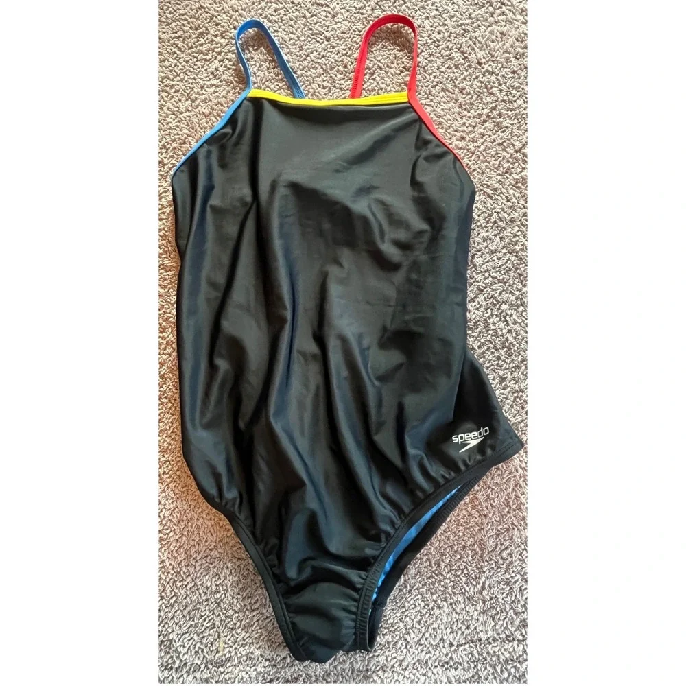 Speedo Girls Black One Piece Swimsuit Multicolor Straps Size 16 Athletic Swim